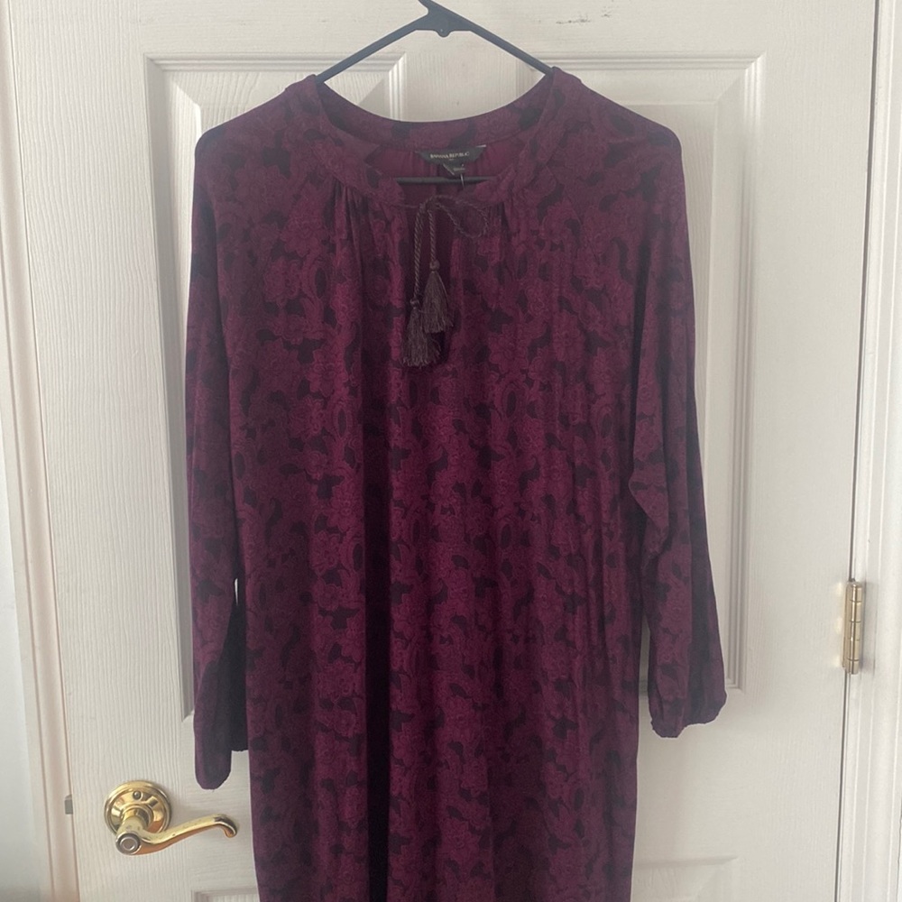 Banana Republic wine & black dress w keyhole neck & fringe tie L NWT PTP 23 - Picture 2 of 16